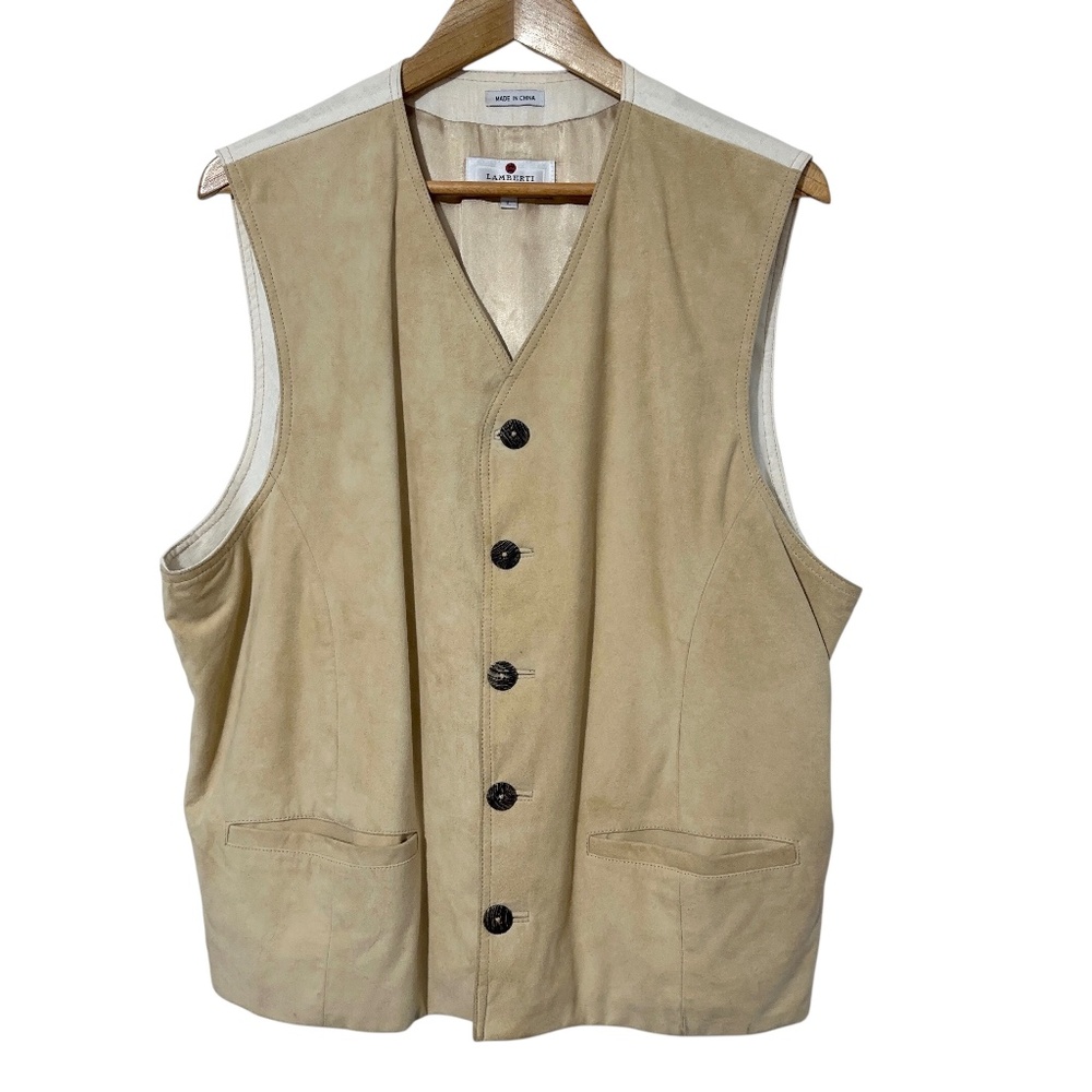 Lamberti Mens Suede Leather Vest with Linen Back Size L Button Up Gift